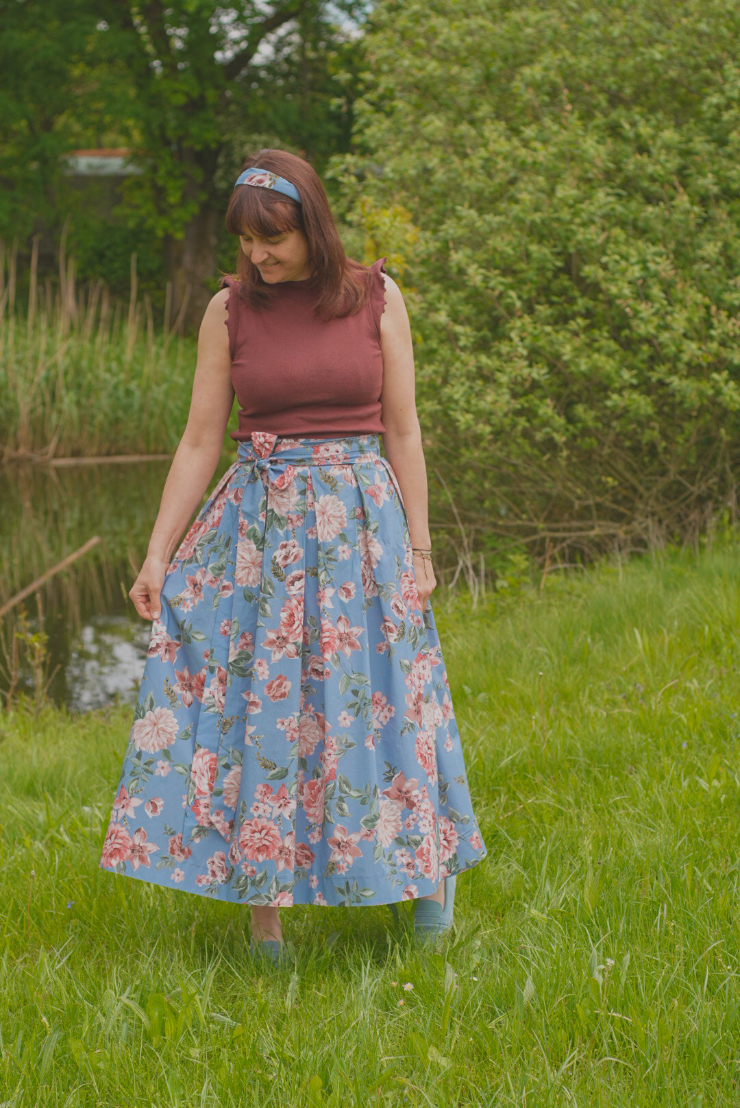 Damen Wickelrock Hellblau Blumen Lang