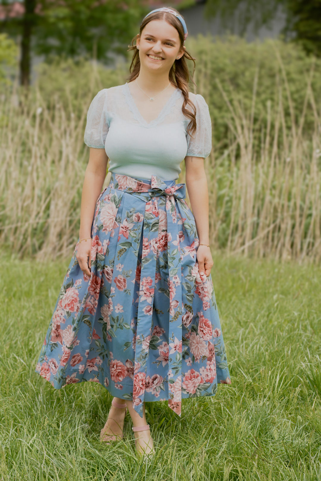 Damen Wickelrock Hellblau Blumen Lang