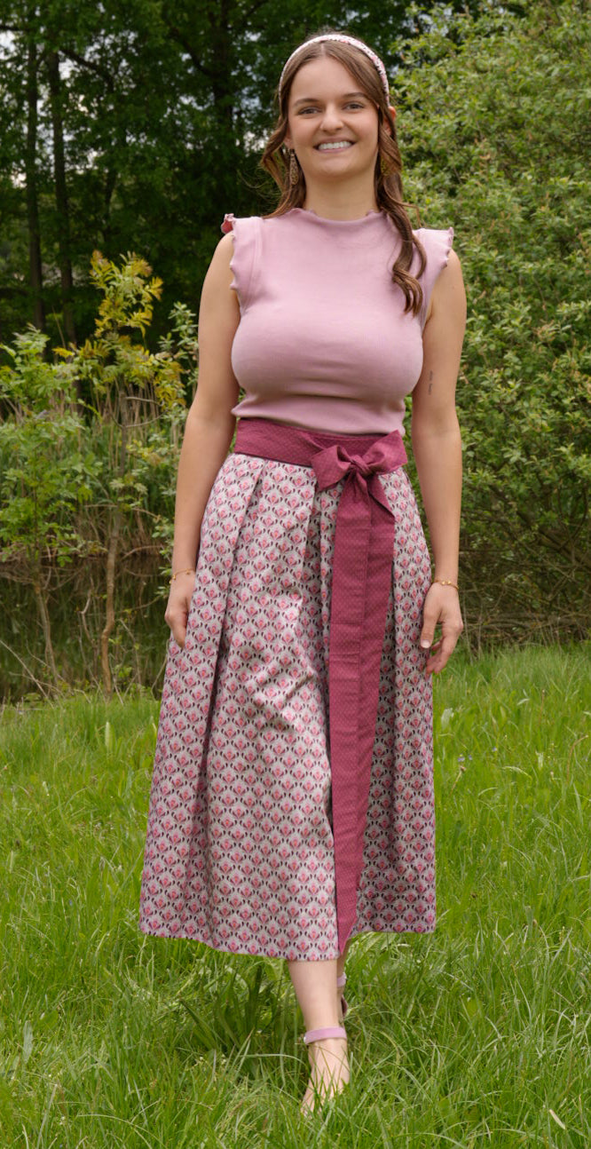 Damen Wickelrock Retromuster Feine Blumen Lang